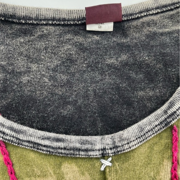 KPC Women's Moss Green Gray Artsy Boho Patchwork Long sleeve Top Size Medium - Picture 6 of 8